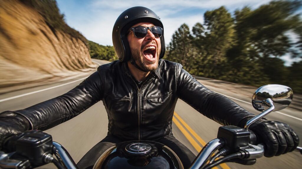 バイクを運転しながら大声で歌って眠気を覚ますライダーのイメージ