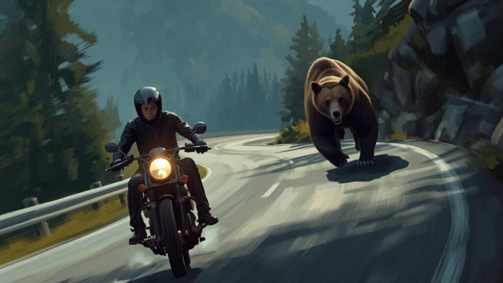 峠道を走るバイクの後方にクマが現れたイメージ