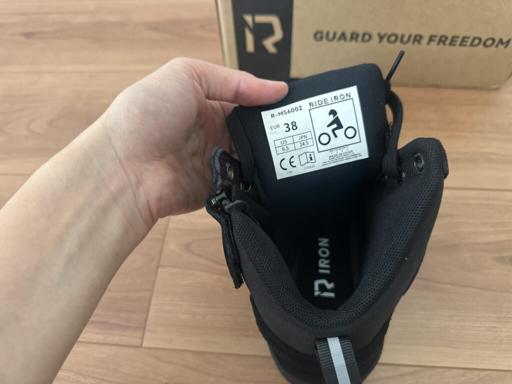 RIDEIRON MS6002のCE認証（EN 13634）タグとサイズ表記